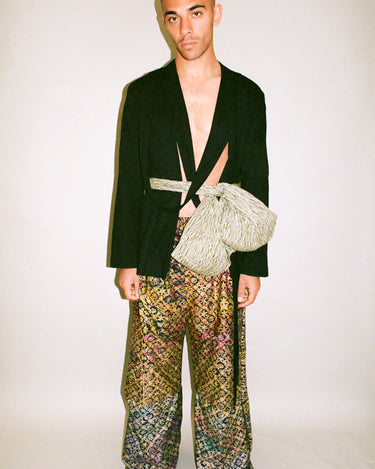 Model wearing custom Ruah Trousers